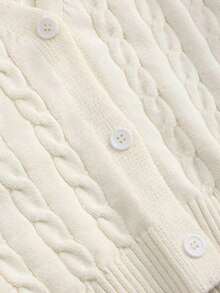 Girl's Cream Cable Knit Short Cardigan, V-Neck Button-Up Long Sleeve Ribbed Hem Knit Sweater Jacket, Soft & Comfortable, Loose Fit, Casual Basic Outerwear, Suitable For Autumn/Winter Daily Wear - Apricot - View 4