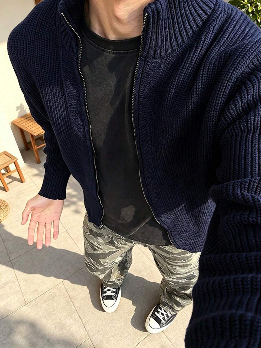 ALTZTAR 男士垂墜寬鬆針織開襟衫,粗針織高彈性雙拉鍊立領上衣 - 藏蓝色 - 查看 1
