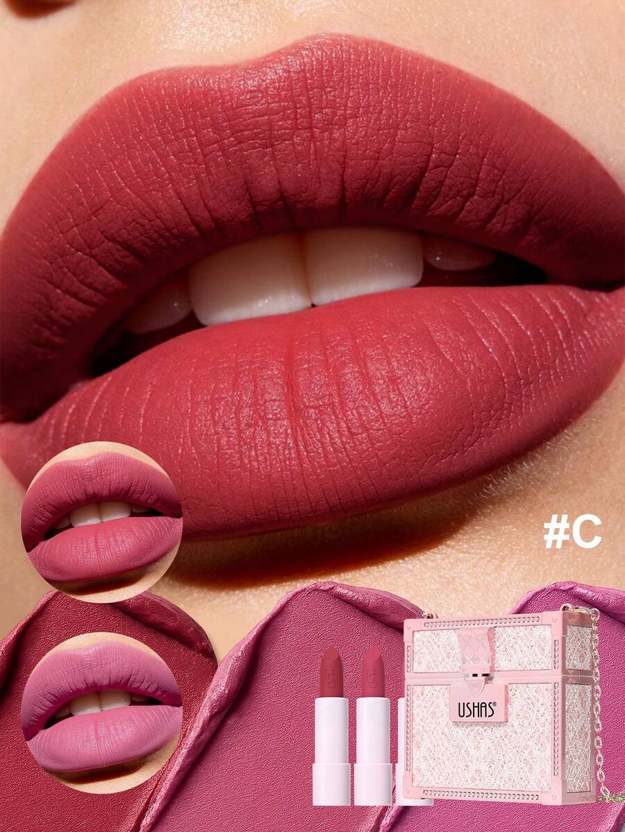 USHAS Matte Lipstick Gift Set, 3-Piece, 9-Color Velvet Smooth Lipsticks, Cute Chain Lace Mini Bag Packaging, Long-Lasting Full Coverage Nude & Red Lip Makeup Set, Suitable For Gifting - #C Rose Pink Series - View 1
