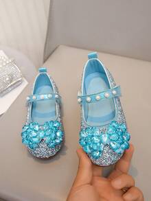 Girls' Rhinestone Princess Leather Shoes, Bow Lightweight Slip-On Shoes, Versatile For Spring/Autumn Daily Wear And Parties - Blue - View 3