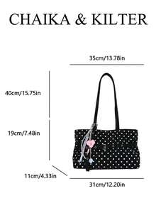 CHAIKA & KILTER 1pc Solid Color PU Fabric Tote Bag, Women's Retro Fashion Shoulder Tote Bag, All-Over Ripple Dot Pattern, Double Handle Design, Zipper Closure, Strap Decoration, Suitable For Daily And Street Use (Sold With Pendant) - Black - View 3
