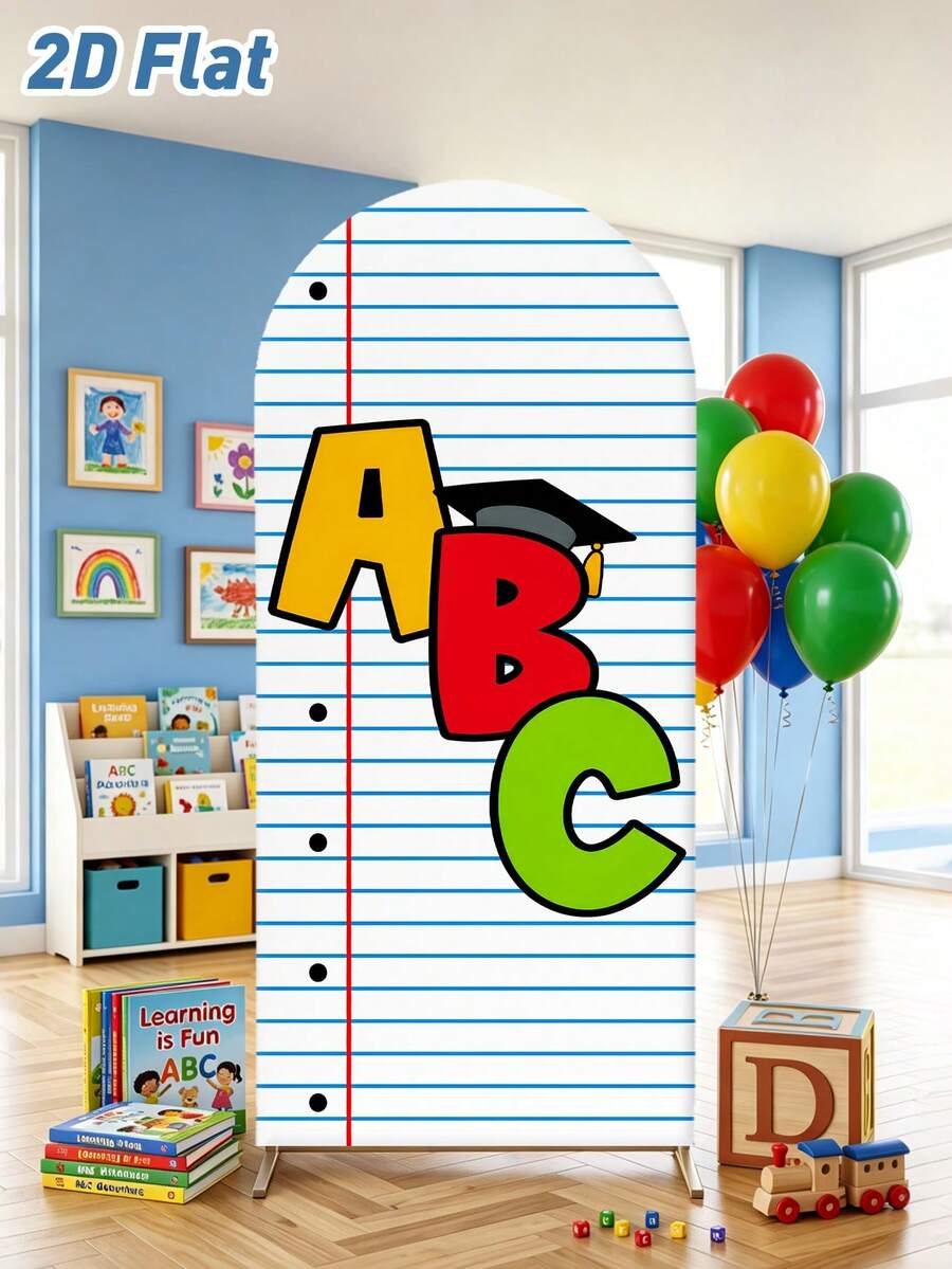 1件 ABC字母彈性拱形背景布，牛奶纖維筆記本線條圖案背景布（不含支架），幼兒園畢業典禮背景裝飾，返校拍照亭背景，拱形布料封面，可搭配氣球，室內/室外教室歡迎派對裝飾，學校活動畢業活動背景裝飾