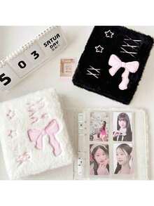 Ballet Style Bow Plush A6 Card Album, Loose-Leaf Inner Pages, Small Card Idol Collection Storage Album, 1pc Bow Star Plush Photo Card Storage Album, Cute Photo Card Storage Box, Photo Card Storage Box - A - View 1