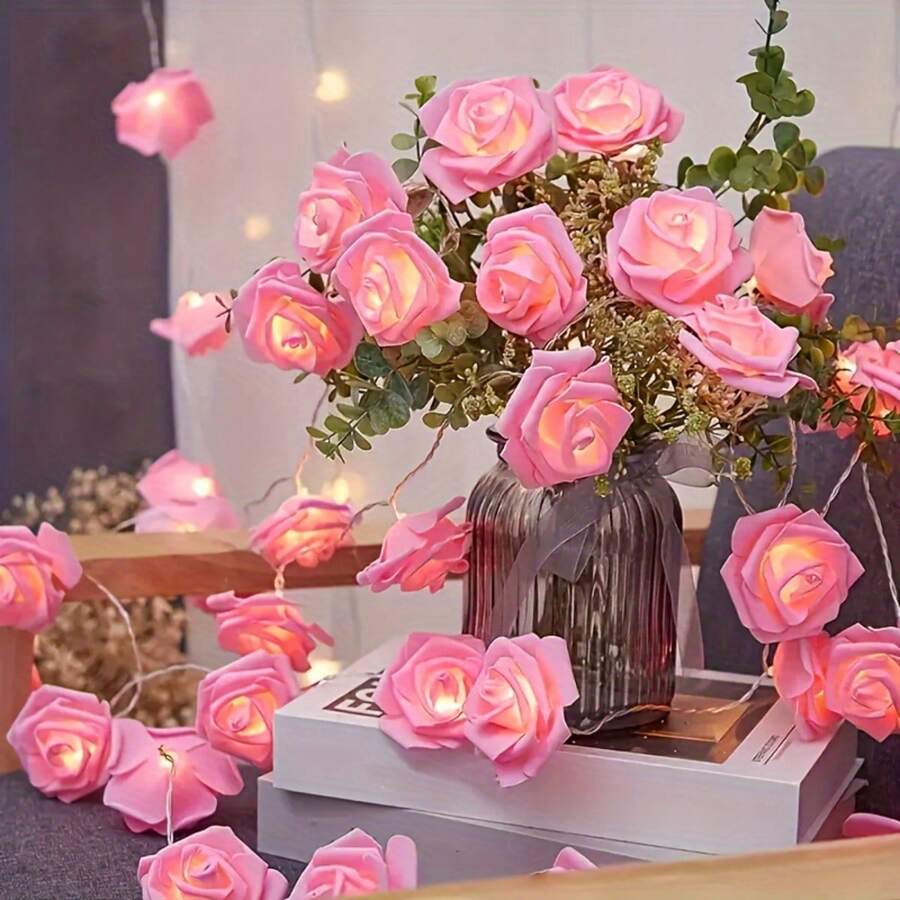 10-Light String Artificial Rose Lights, Suitable For Mother's Day, Backyard, Bar, Cafe Style, Camping Lighting, Patio, Wedding, Bedroom, Birthday Party, Graduation Season, Bar And Garden Decoration (Battery Not Included)