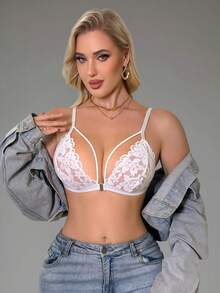 1pc Women's Sexy Lace Wireless Unpadded Comfortable Front-Closure Deep V-Neck Bra - White - View 1