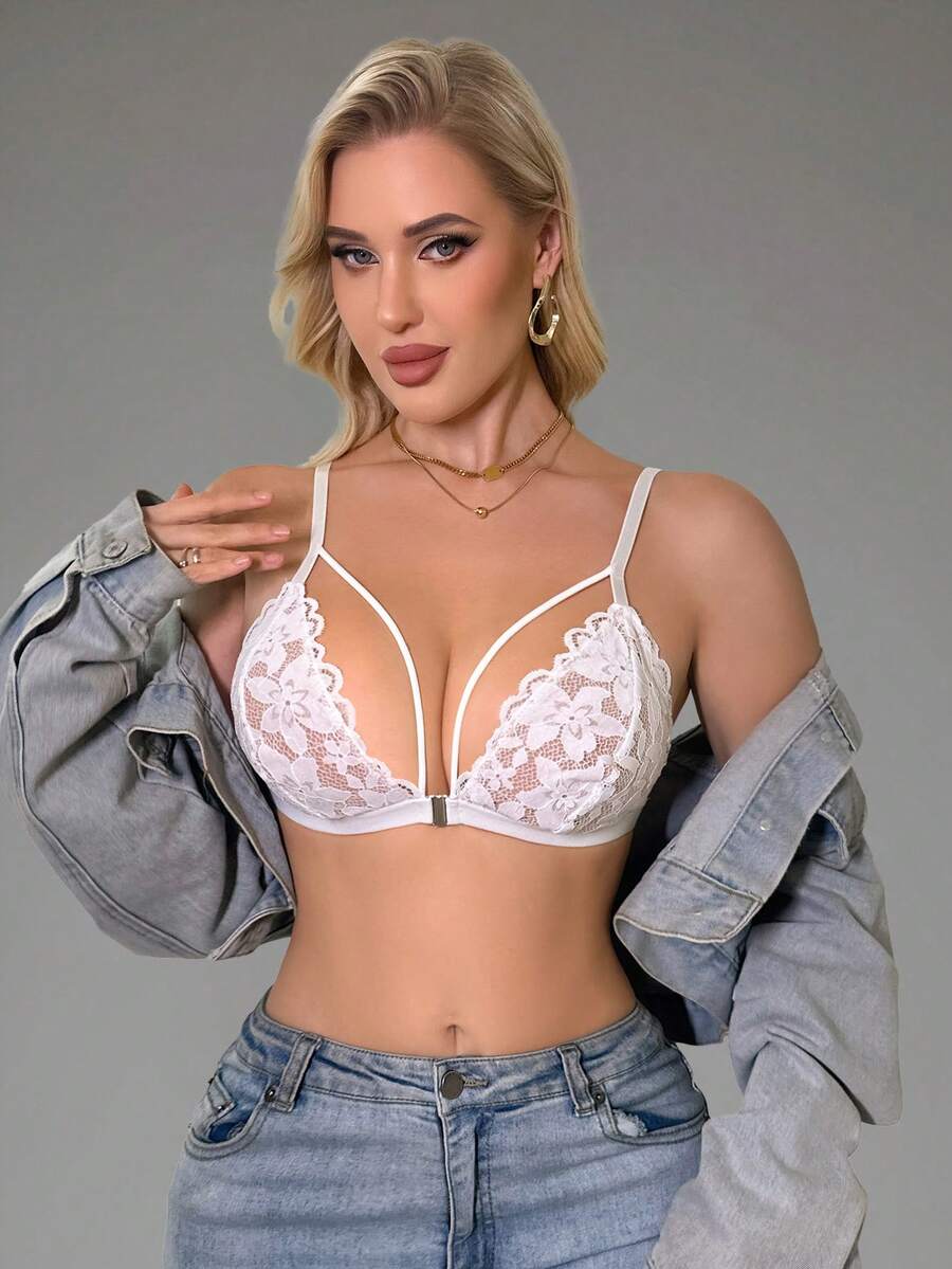 1pc Women's Sexy Lace Wireless Unpadded Comfortable Front-Closure Deep V-Neck Bra - White - View 1