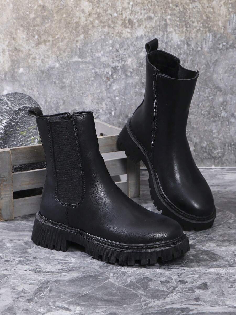 Women's Plus Size New Fashion Solid Color Slip-On Ankle Boots - Black - View 1