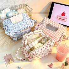 1pc Multifunctional Bow Print Baby Storage Bag, Portable Handheld Design, Built-In Compartments For Bottles, Diapers, Tissues, Easily Meet Baby's Feeding, Diaper Changing And Daily Storage Needs. Cute Plaid And Bow Pattern With Soft Ruffle Trim, Fresh And Attractive Appearance, Suitable For Strollers, Mommy Bags, Bedroom Desktops And Travel Luggage. - Multicolor - View 1