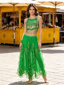 Bohemian Belly Dance Coin Sequin Halter Top, Side Slit Flowy Chiffon Wide Leg Pants For Market, Festival Carnival, Travel Photoshoot And Themed Event - Multicolor - View 7