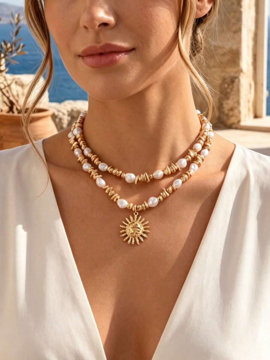 2pcs/Set Vintage Design Asymmetric CCB Faux Pearl Beaded Necklace With Sun Pendant, Fashionable Versatile Charm Neck Jewelry For Women, Suitable For Daily Wear, Shopping, Party And Gathering - Multicolor - View 1