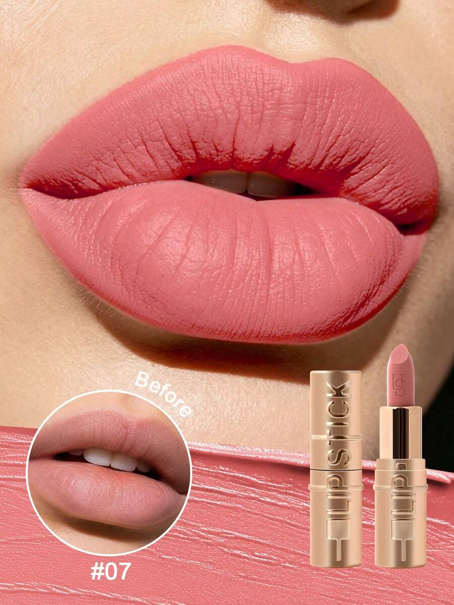 Lipstik Matte USHAS Gold Tube, 7 Warna, Halus & Ringan, Tekstur Krim yang Tidak Membuat Bibir Kering, Warna Alami Tahan Lama - #07 Peach Nude - View 1