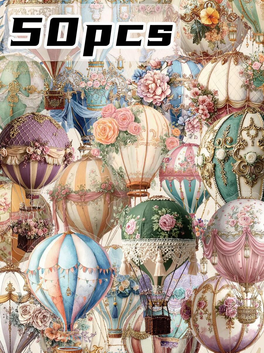 SCXXBSW 50pcs Vintage Hot-Air Balloon Stickers – Transparent PET Decorative Stickers For Tablets, Self-Adhesive, Suitable For Diaries, Accessories, Books And Other Irregularly Shaped Items. Perfect For Parties, Gifts, Rewards And Festive Presents.
