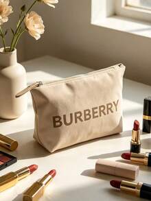 Beige Letter Print Portable Travel Cosmetic Bag Soft Scratch Resistant Makeup Storage Pouch Weekend Overnight Toiletry Organizer Gift For Women BURBERRY‑GIFT‑31 - Mocha Brown - View 6