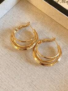 1 par de pendientes de aro y brazaletes para oreja dorados, estilo vintage, de moda, únicos, de nicho, exagerados, versátiles, elegantes, geométricos y multicapa, joyería para oreja, adecuados para chicas adolescentes, uso diario, vacaciones y fiestas - círculos geométricos - Ver 7