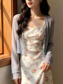 1 Peça Cardigan Transparente Fino de Verão para Mulheres, Xale para Camisete, Top de Proteção Solar de Manga Longa para Praia - Multicolorido - Visão 16