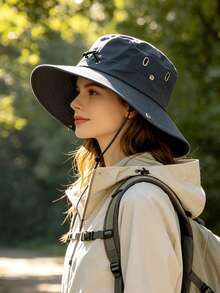 1pc Outdoor Solid Color Casual Polyester Decorative UV Protection Wide Brim Foldable Bucket Hat For Summer - A - View 1