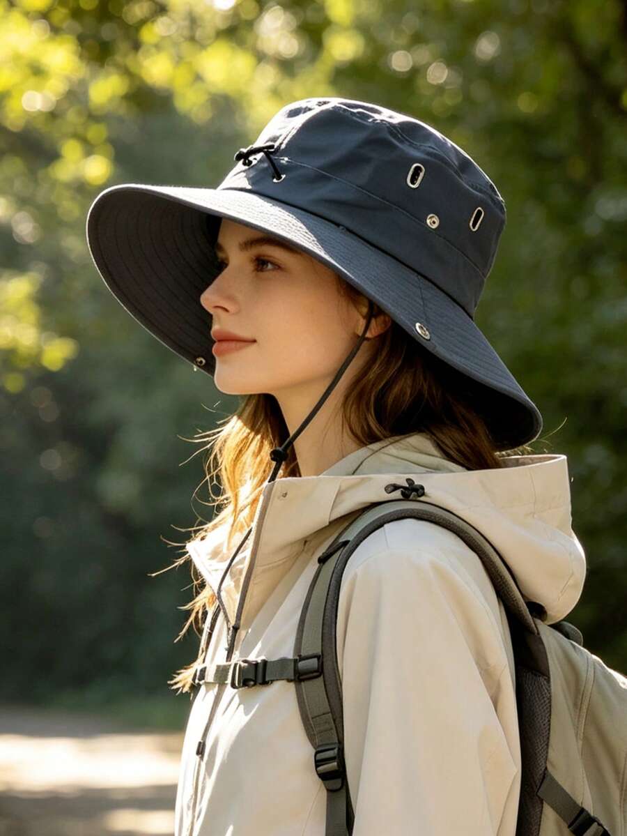 1pc Outdoor Solid Color Casual Polyester Decorative UV Protection Wide Brim Foldable Bucket Hat For Summer - A - View 1