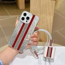 6件組羽毛紗網IMD透明手機殼 + 充電頭保護套 + 線材保護套 + 收納繩 + 數據線保護繩包，TPU防震保護殼，適用於Apple手機，適合作為情侶、家人和朋友的生日與聖誕禮物 - 彩色 - 查看 3