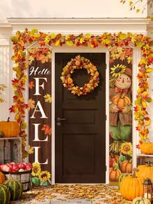 1/2 Stücke Hello Fall Vogelscheuchen-Veranda-Banner-Set, Ahornblatt Sonnenblume Kürbis vertikale Hängende Flagge, rustikaler Holzmaserungs-Muster Türdekoration, Herbst Thanksgiving Ernte Haustür Außenhof Bauernhaus-Stil Partydekoration - Herbst Vogelscheuche Sonnenblume - Übersicht 6