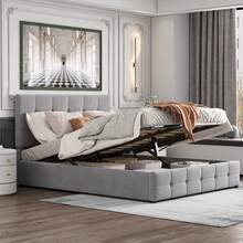 Bed Frame Grey Upholstered Fabric - 203x140x106cm - 灰色 - 查看 2
