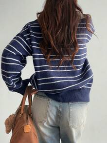 Hot Girl Retro College Striped Collared Button-Down Soft Knit Casual Sweater - Royal Blue - View 10