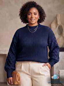 Blusa De Frio Feminina Tricot Plus Size Gola Redonda Manga Longa Detalhe Trança Tricô Moda Inverno - Bege Novo - Visão 11
