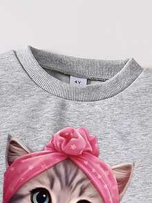 Tween Girl Cat Print Crew Neck Sweatshirt And Flare Pants Casual Set - Grey - View 3