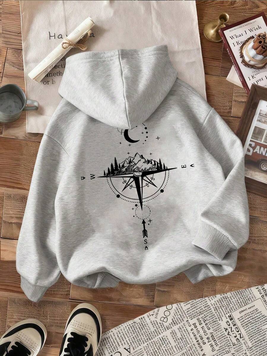 Teens/Boys' Casual Grey Sweatshirt With Letter & Compass Pattern, Suitable For Spring And Autumn - Grey - View 1