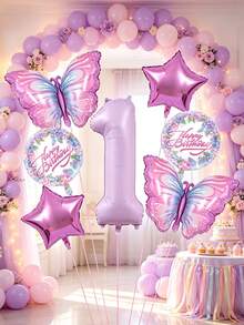 7件組蝴蝶生日氣球裝飾套裝，40英吋奶油紫色0-9數字鋁箔氣球、蝴蝶造型氣球、18英吋Happy Birthday圓形氣球、星星氣球，適用生日派對、嬰兒洗禮、蝴蝶主題裝飾 - 彩色 - 查看 1