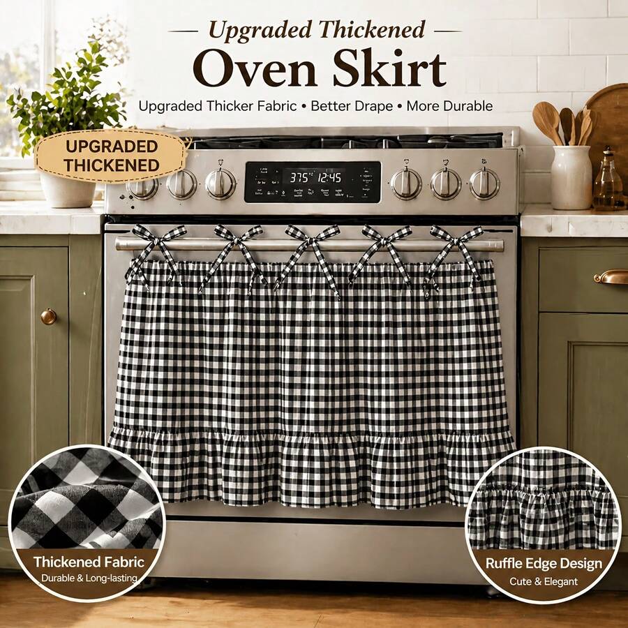 Farmhouse Handmade Oven Skirt Kitchen Curtain, Cortinas De Cocina, Rustic Decorative Appliance Cover, Tie-Top Heat-Resistant Design, Adds Charm, Hides Clutter, Suitable For Kitchen Home Decor - Black and White - View 1