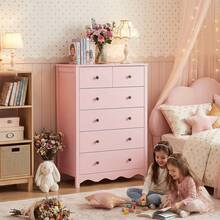 TYBOATLE 44'' High Modern Children's Wooden Vanity Drawer Cabinet With Metal Handles, Bedroom Vanity With 6 Drawers,Farmhouse Natural Solid Wood Vanity Storage - Pink - View 4