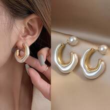 6Pcs French Design Heart Faux Pearl C-Shaped Earrings, Exaggerated Luxury Asymmetrical Dangle Earrings For Women, Fashionable Jewelry For Daily Wear, Party And Banquet - Multicolor - View 2