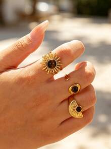 3Pcs/Set Vintage Amber Color Natural Stone Sun Rings Set For Women Stainless Steel Geometry Open Ring Set Party Jewelry Birthday Gift - Multicolor - View 2