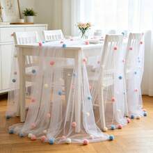 Cute Party Tablecloth With 3D Velvet Pom Poms, Colorful Polka Dot Confetti Tulle Table Runner, Macaron Color Mesh Tulle Rainbow Table Decor, Suitable For Birthday, Wedding, Home, Baptism Party - Multicolor - View 10