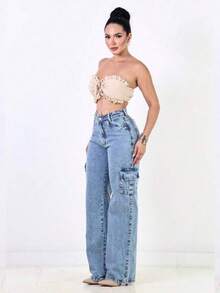 Calça Jeans Cargo Feminina Wide Leg Cintura Alta Lavagem Azul Clara Bolsos Laterais - Azul - Visão 3