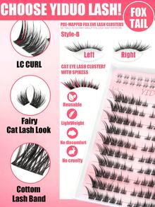 YIDUO 980pcs 6-Style Mixed Cluster Eyelash Extension Set, 80D-300D Pointed Base Dense D Curl Lashes 5-20mm, Includes 2 Bottles Of Adhesive And Sealer, Remover, Tweezers And Brush Complete DIY Set, Suitable For Home Use - Multicolor - View 4