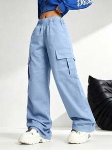 1pc Tween Girls' Fashionable Solid Color Casual Loose Cargo Pants With Multiple Pockets, Spring/Autumn - Dusty Blue - View 4