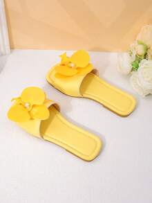 1 Pair Girls' Yellow Floral Decor Sandals, Non-Slip Wear-Resistant Square Toe Low-Top Open-Toe Flat Bottom, Fresh Sweet Style, Suitable For Spring/Summer Beach, Outdoor, Home - Yellow - View 7
