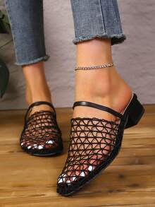 New European And American Style Cut Fishnet Chunky Heel Sandals, Roman Hollow Comfortable Beach Slippers, Exclusively For Women,Block Heels - Black - View 4