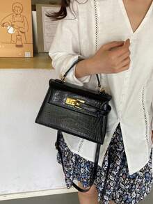 女款小手提包，附鎖扣設計，2026春夏新款鱷魚壓紋斜跨包，百搭迷你托特包，PU材質 - 黑色 - 查看 2
