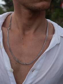 1pc Fashionable Men's Stainless Steel Waterproof Non-Fading Chain Necklace Cuban Necklace Simple Silver Golden Color Gift For Him For Daily Wear - Necklace - View 4