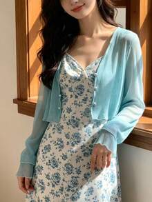 1 Peça Cardigan Transparente Fino de Verão para Mulheres, Xale para Camisete, Top de Proteção Solar de Manga Longa para Praia - Multicolorido - Visão 17