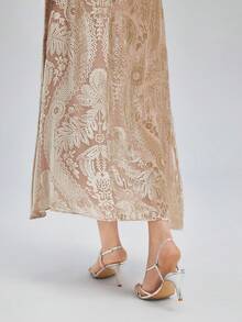 Rich Radi Q's Rok A-Line Panjang Sedang Elegan untuk Wanita, Dihiasi dengan Bordir Indah, Kain Tenun Menciptakan Gaya Bohemian Kasual - Aprikot - View 7