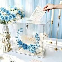 Blue Floral Semi-Circular Wreath Transparent Acrylic Card Box, Transparent Acrylic Wedding Card Box With Lock, Blessing Sign-In Box, Blue Rose Gold Foil Card Storage Box, Wedding Celebration Birthday Party Money Box, High-End INS Style Greeting Card Collection Box, Customizable Text, Engagement Party Decor Ornament, Transparent Money Box, Dreamy Blue Floral Design - 1PC - View 1