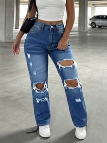 Celana Jeans Denim Kasual Wanita dengan Saku, Gaya Minimalis Eropa dan Amerika, Model Lurus dengan Efek Usang dan Pudar - Dark Wash - View 3