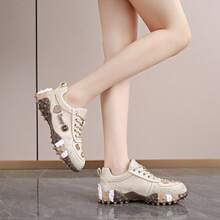 Women's Thick Sole Rhinestone Chunky Sneakers, Spring/Autumn New Style, Full Rhinestone Decor, Breathable Heavy-Duty Street Style Mesh Inlaid Rhinestone Niche Design Height-Increasing Fashion Sports Casual Shoes - Khaki - View 6