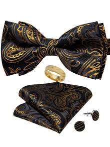 Set Aksesori Lengkap Jas Gala Mewah dengan Dasar Hitam dan Motif Paisley Emas untuk Dasi Kupu-kupu, Sapu Tangan, dan Manset. - Emas - View 1