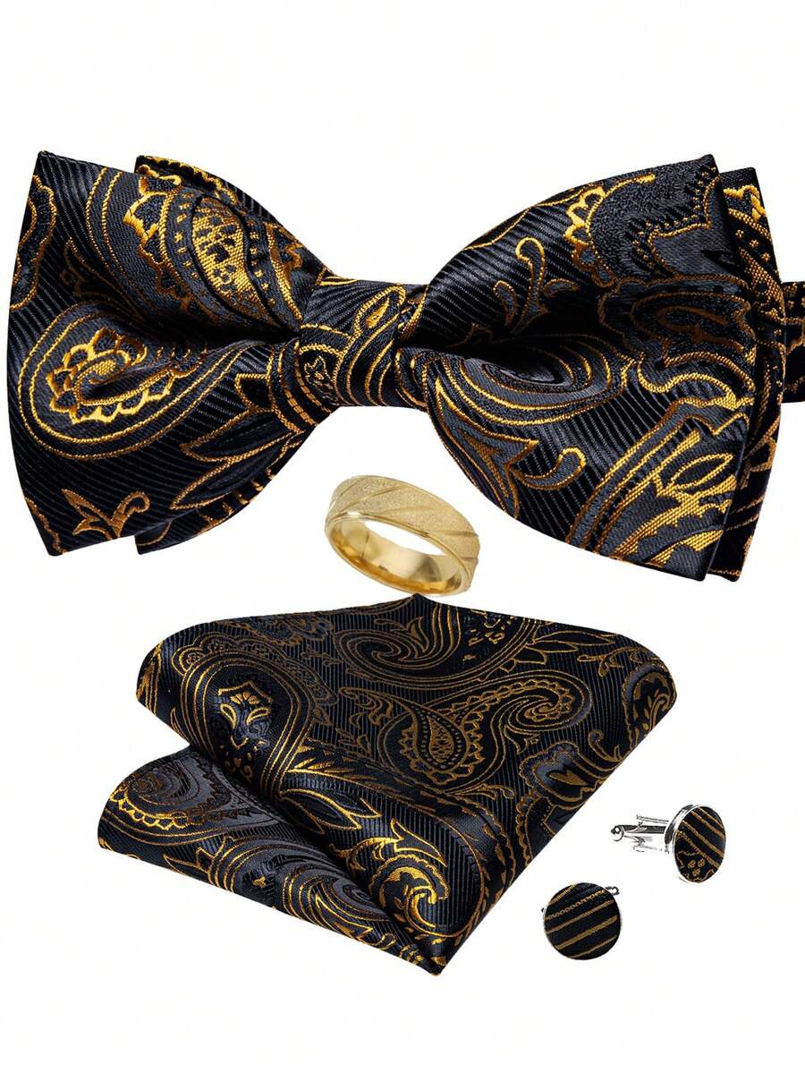 Set Aksesori Lengkap Jas Gala Mewah dengan Dasar Hitam dan Motif Paisley Emas untuk Dasi Kupu-kupu, Sapu Tangan, dan Manset. - Emas - View 1