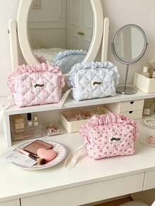 Cute Strawberry Flower Quilted Makeup Bag With Lotus Leaf Edge Zipper Makeup Bag Large Capacity Travel Toilet Bag Multi Functional Storage Bag Pen Bag - Multicolor - View 3