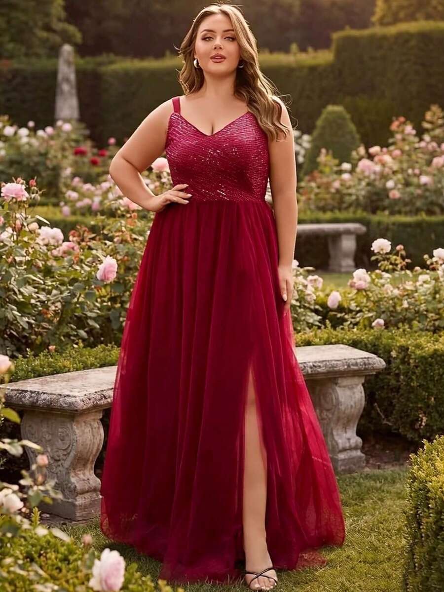 Gaun Pesta Malam Wanita Ukuran Plus Berpayet Model A-Line dengan Belahan di Bagian Bawah, Cocok untuk Acara Pernikahan, Prom, Acara Homecoming, Wisuda, Kencan Malam, dan Acara Lainnya. - Burgundy - View 1